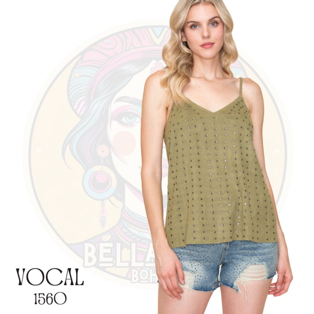 156O VOCAL Olive Microsuede Cami with Rhinestone Accents